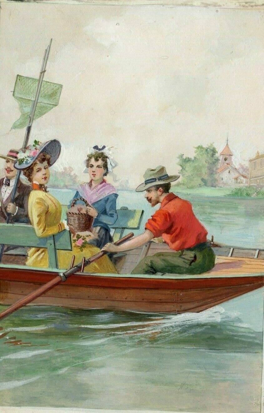 Antique Drawing Original Art Deco Gouache Figures on Boat Artwork