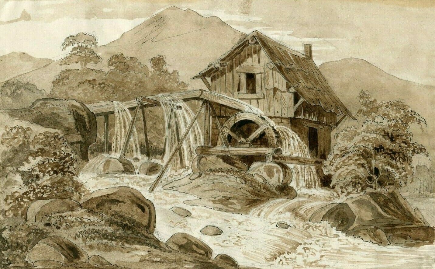 Drawing 19th century Landscape, Mountain, Water Mill