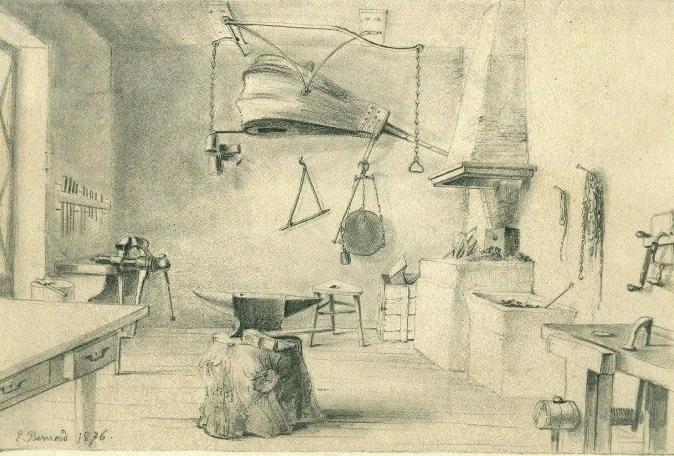 Antique Pencil Original Drawing Atelier of Lignon, House 19th century 1876