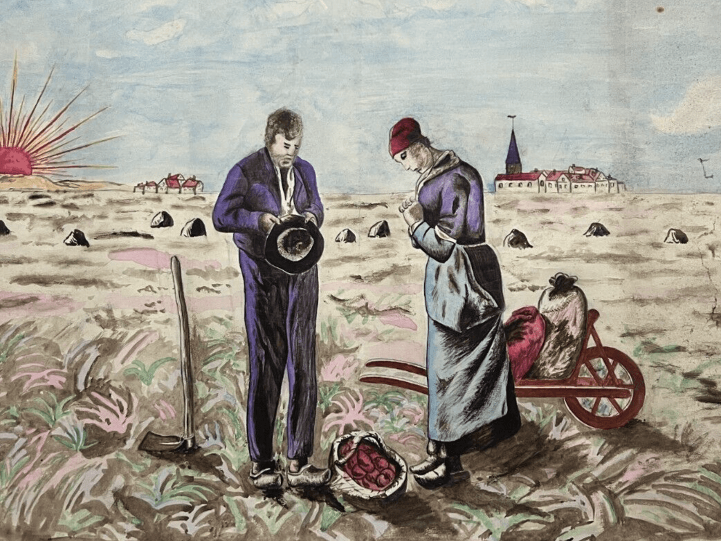 Antique Original Drawing People, Landscape, Working Life, Farmers, Portrait