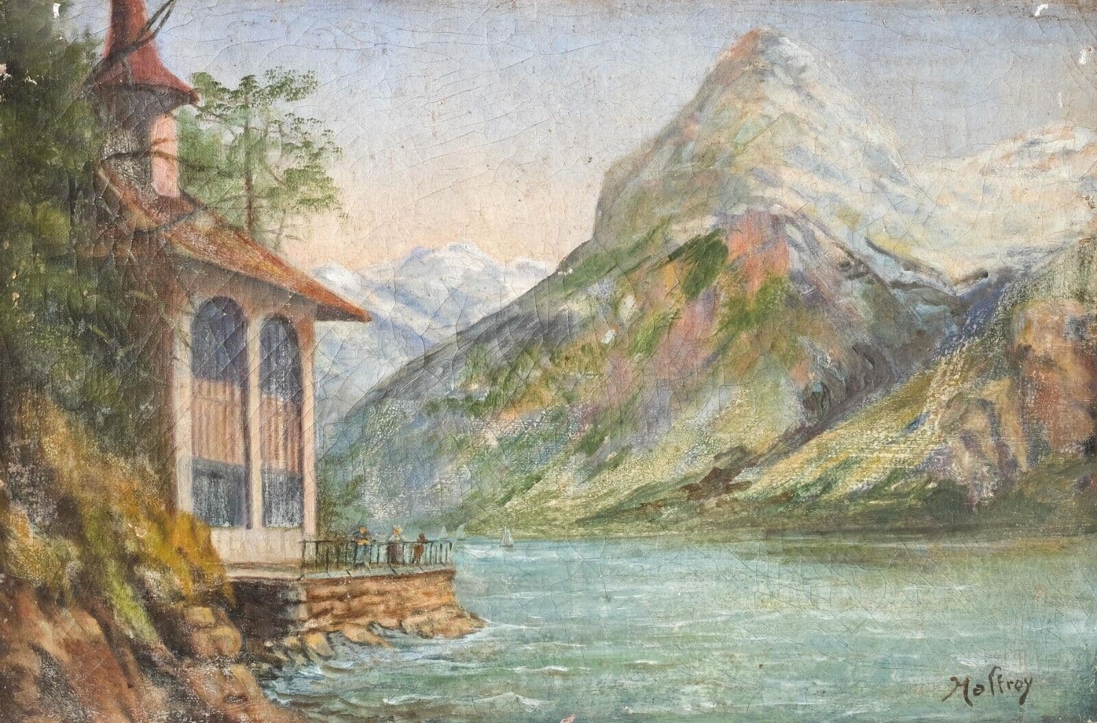 Antique Original Painting signed Mountain Landscape, Lake and Boat