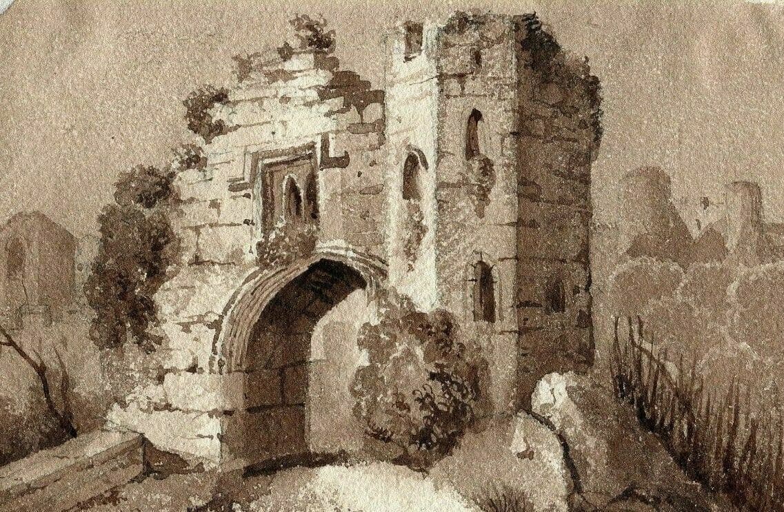 Antique Ink Original Drawing 19th century Ruins Landscape, House