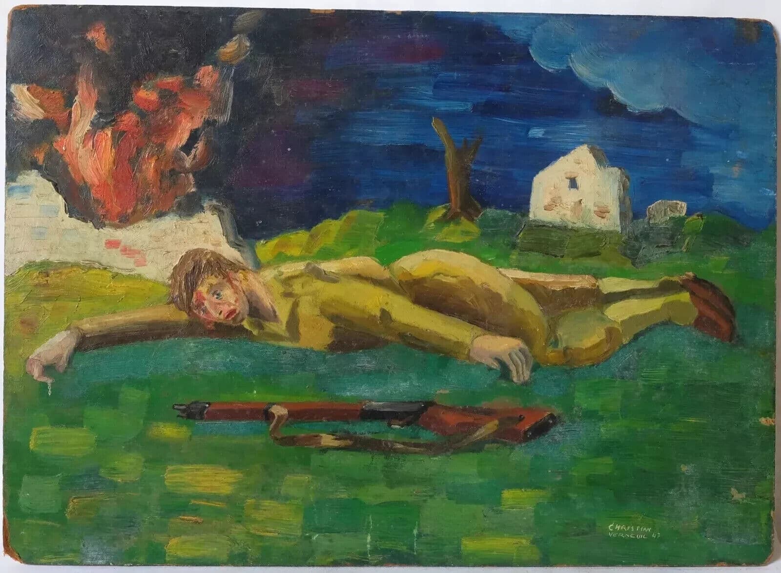 Vintage Oil Painting Military Man on the Grass with a Riffle 1947 image 8