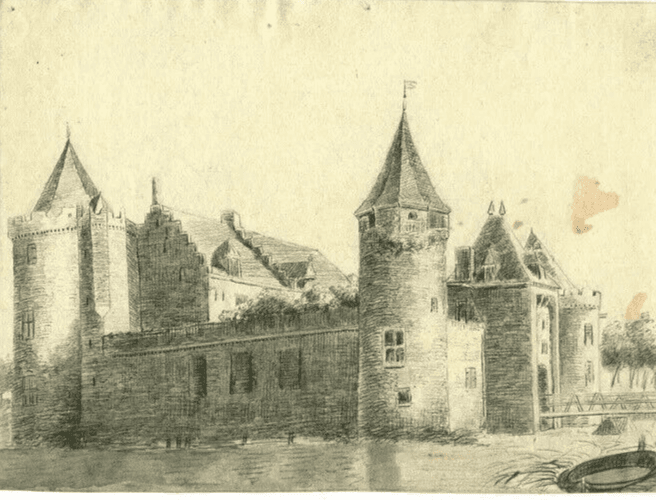 Antique Pencil Drawing Landscape, Castle, Architecture Original 19th