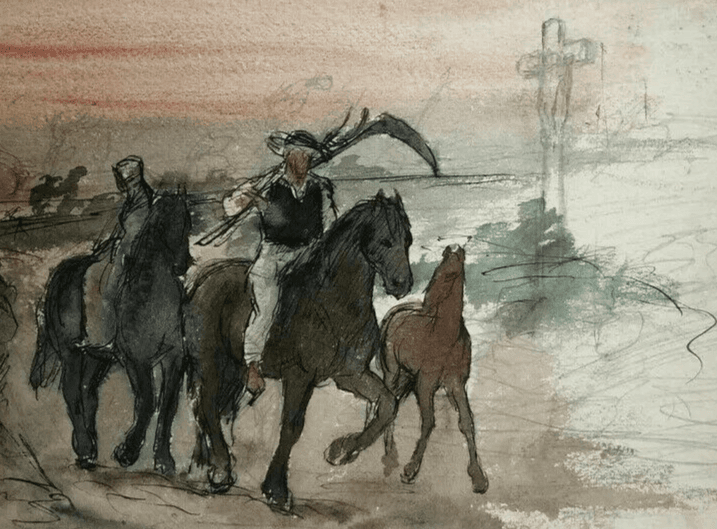 Vintage Drawing Original Man on a Horse, Farmer