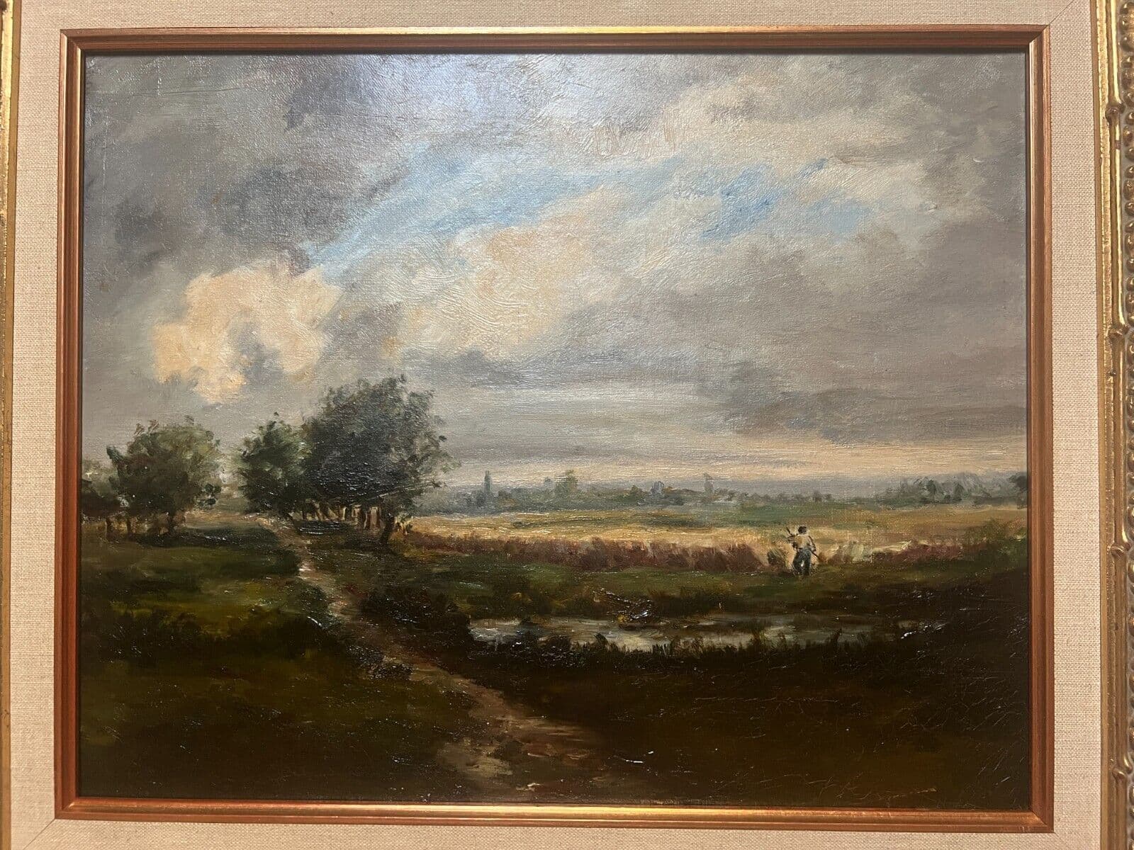 Antique Original 19th century Painting Landscape, Figure Barbizon, Fields image 9
