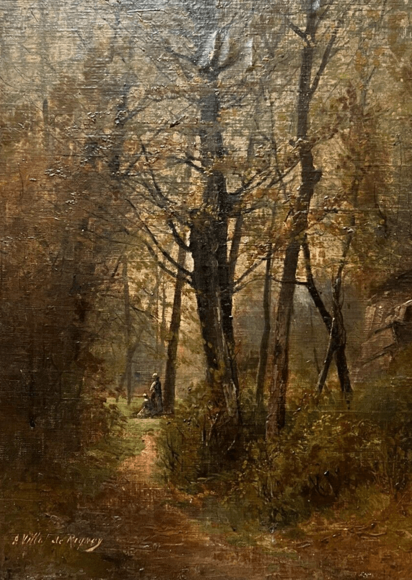 Antique Original Painting Landscape, Trees, Forest, People 19th century