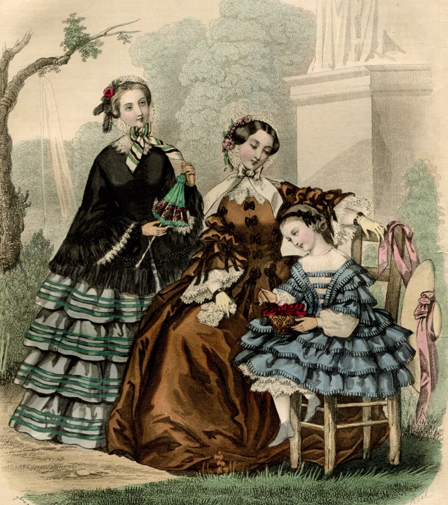 Vintage 1860' Old fashion, Victorian era fashion engraving, model antique