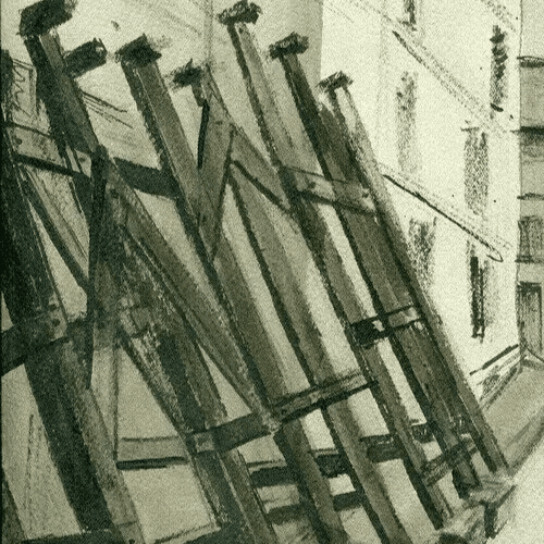 Vintage Ink Original Drawing City, War Time, Building signed Artwork image 2