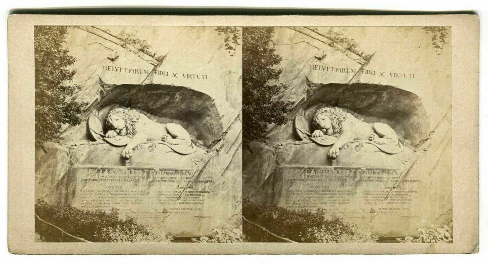 Vintage Stereoview ADOLPHE BRAUN Lion Monument in Lucerne, Albumen c 1870