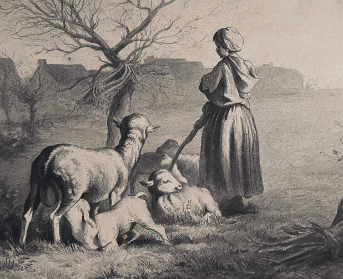 Antique Drawing Original Farmer, Sheep, Landscape, Farmer, Work 1853
