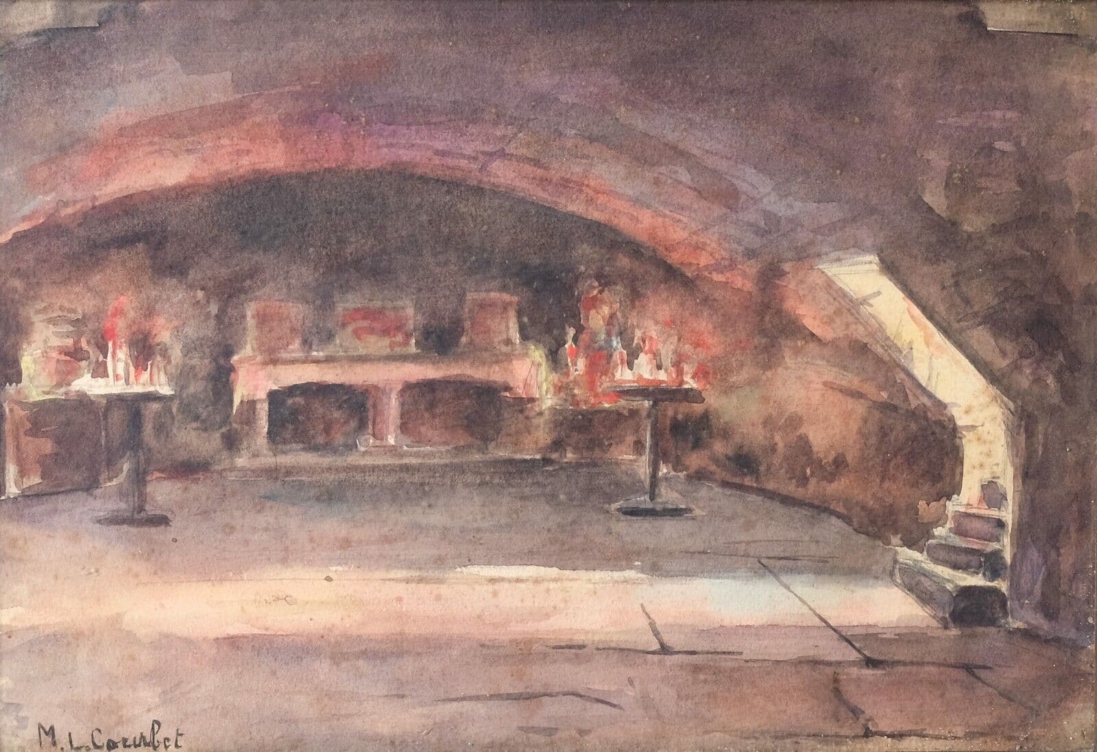 Antique Original Painting signed By the Fire, Underground Landscape image 1