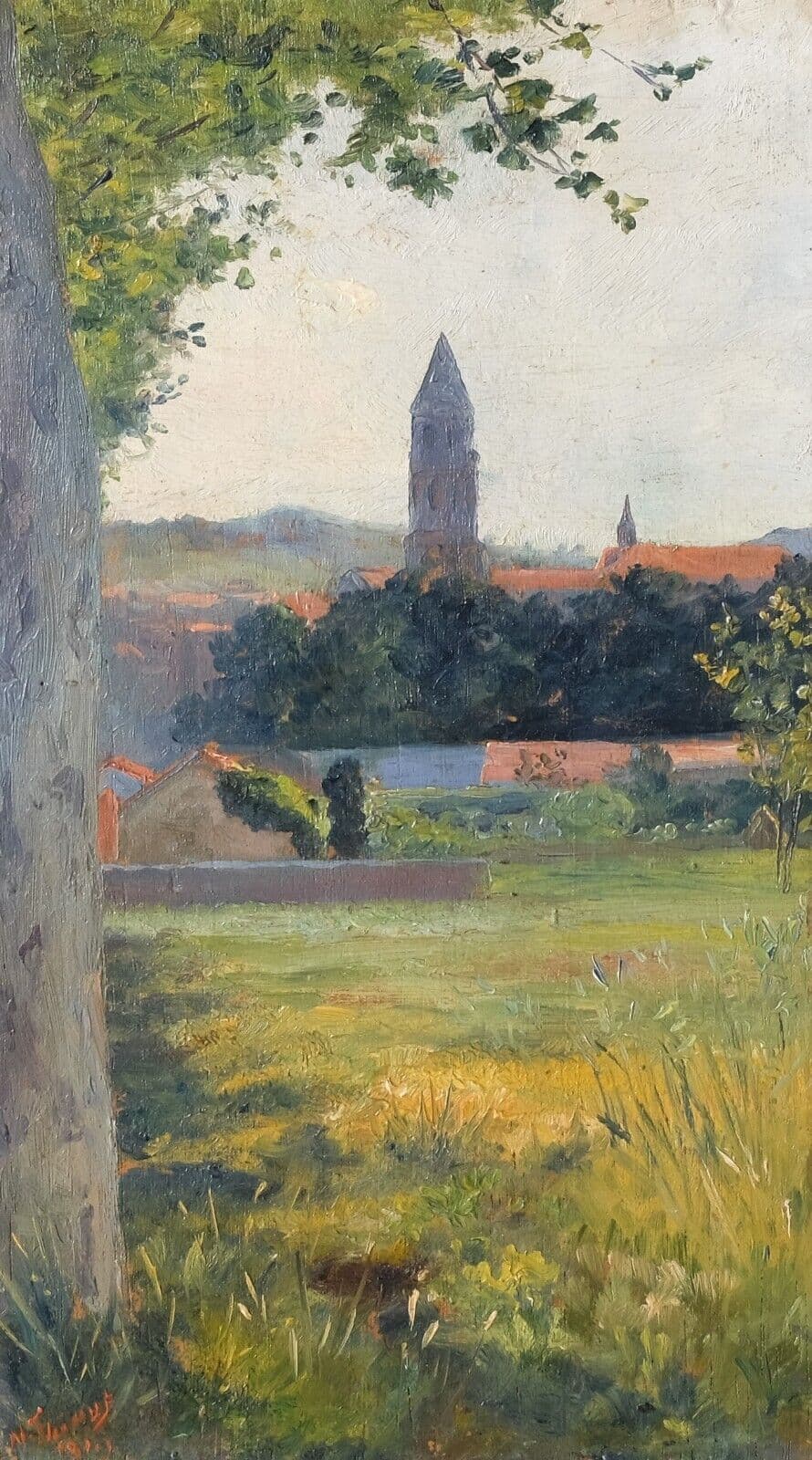 Antique Oil Original Painting Landscape, Village, Countryside Fields