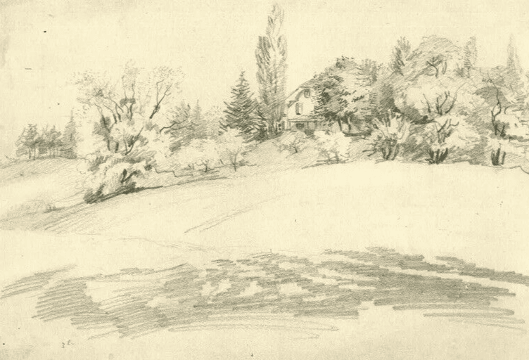 Vintage Pencil Original Drawing Sketch House, Garden. Landscape