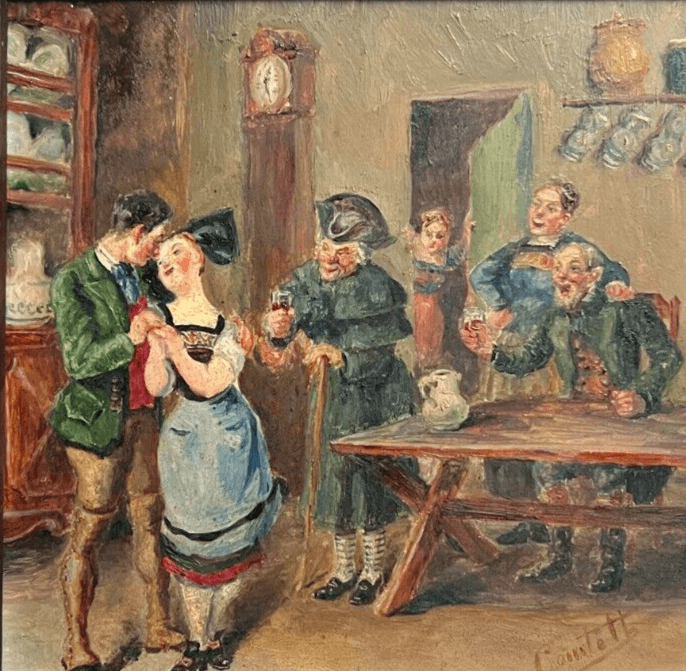 Antique Painting Original Old 19th century Lovers, People signed Framed