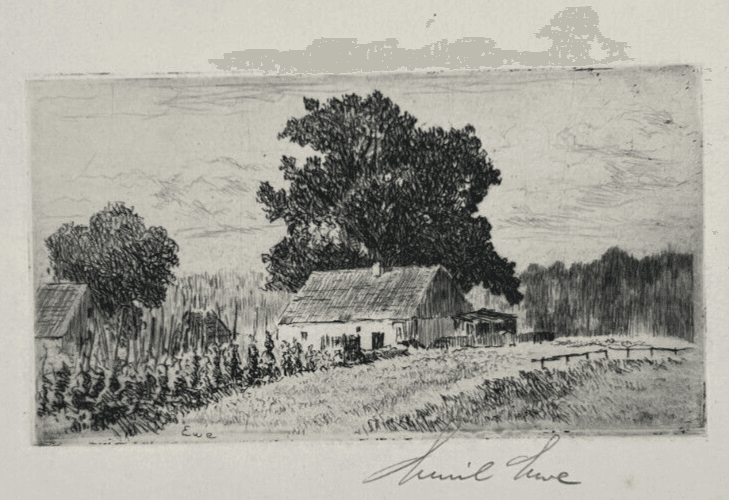 Antique Etching Original Landscape, Forest, Trees, House, Garden