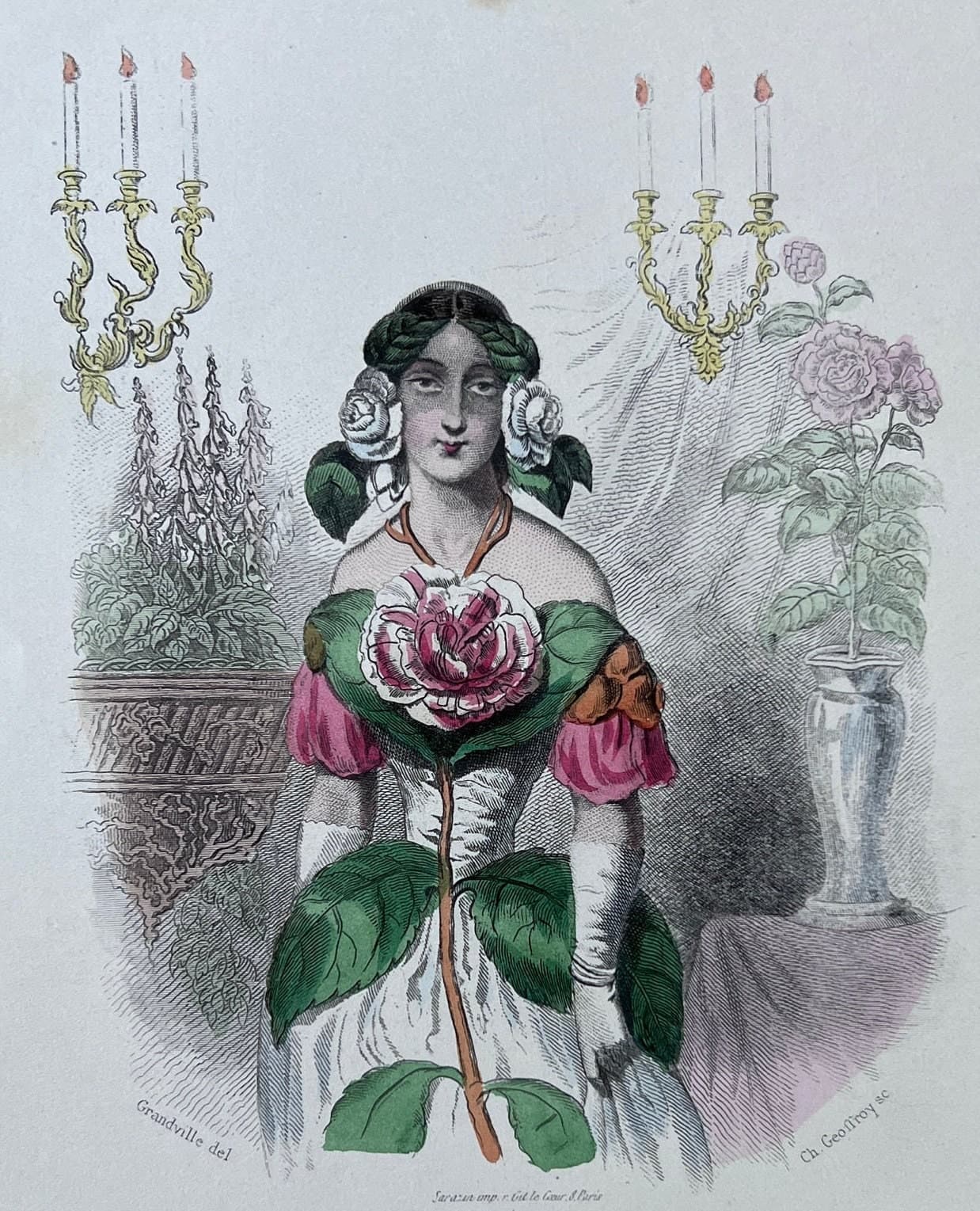 Elegant Floral Personification Camellia by Jean Ignace Isidore GRANDVILLE