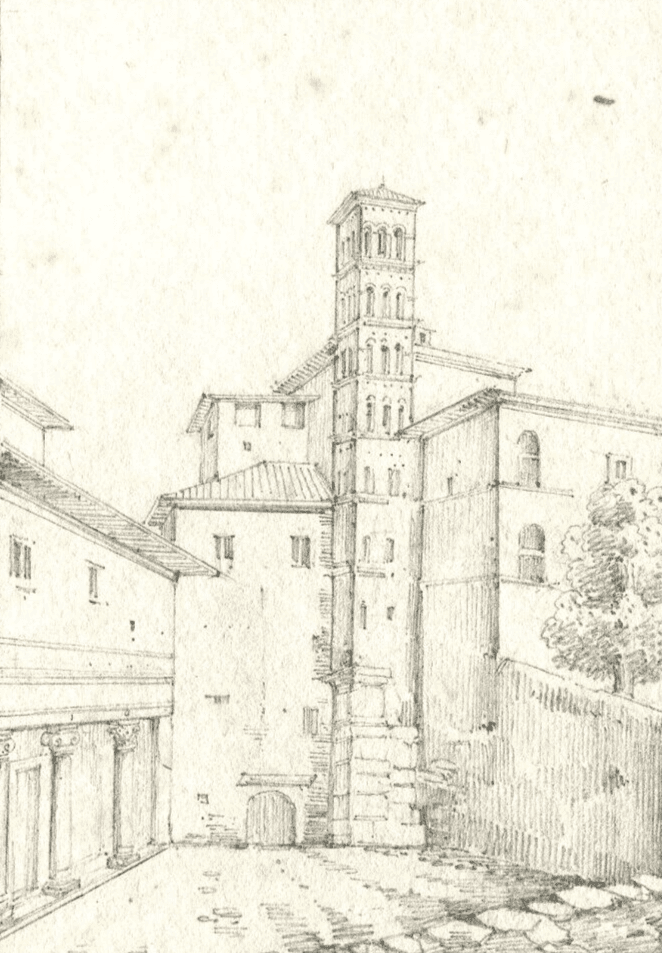 Antique Pencil Drawing Original 19th Landscape, Architecture, France, Saint Jean