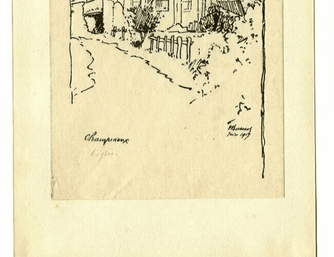 Vintage Ink Drawing signed House Landscape Champreux, Lorraine 1917 image 3