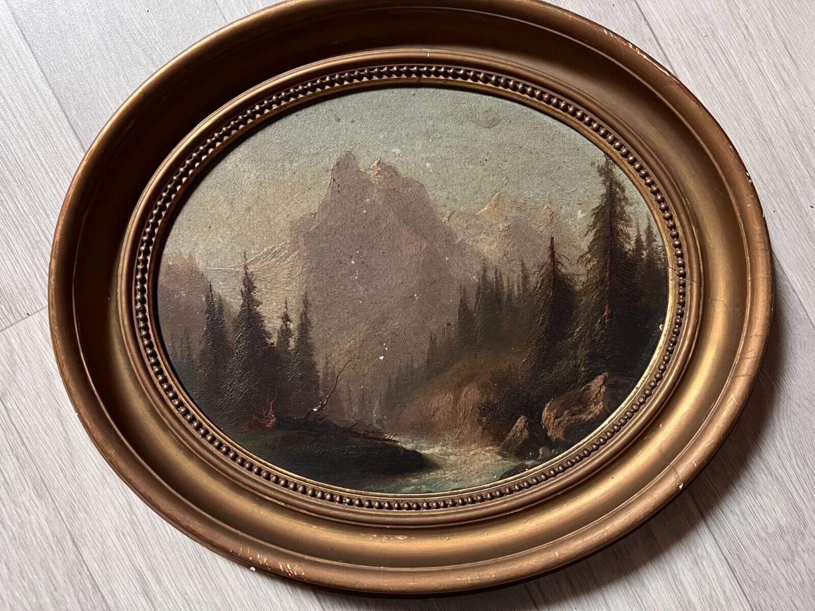 Antique Painting Original Landscape, Mountain, River, Trees, Berner Oberland image 1