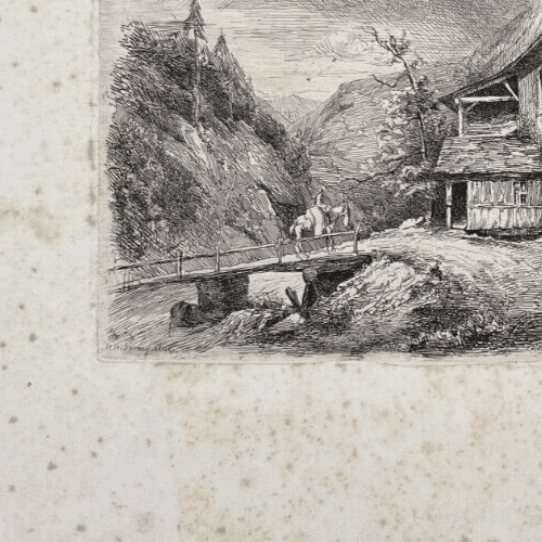 Antique Etching Original Landscape, Forges d'Allevard Dauphine, House, People image 5