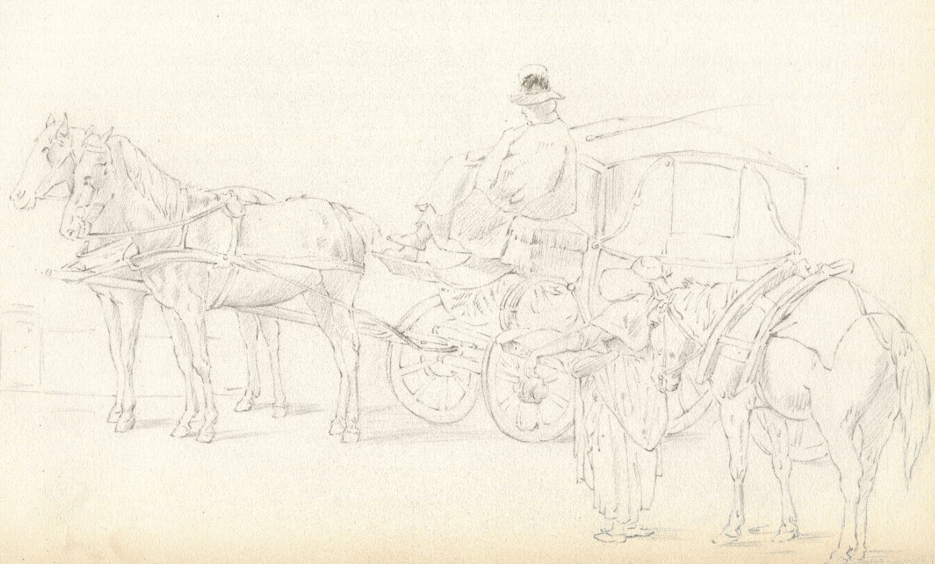 Vintage Pencil Original Drawing Carriages, Characters and Horses