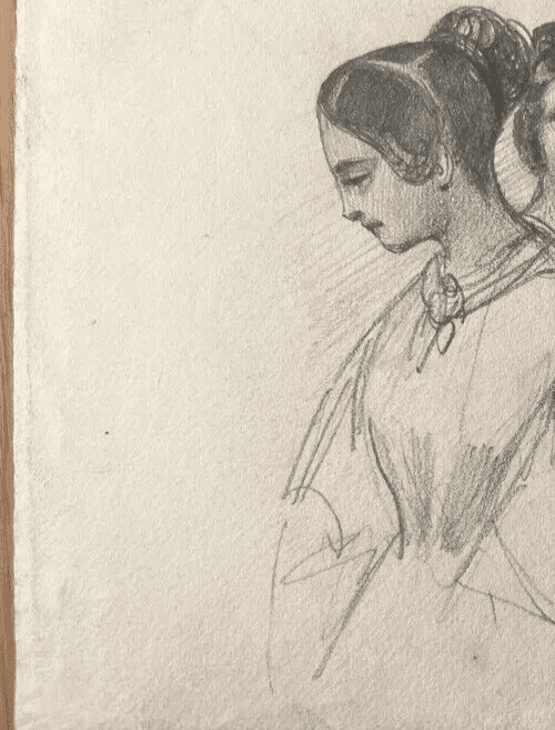 Antique original Women and Men Portraits 19th century Drawing image 3