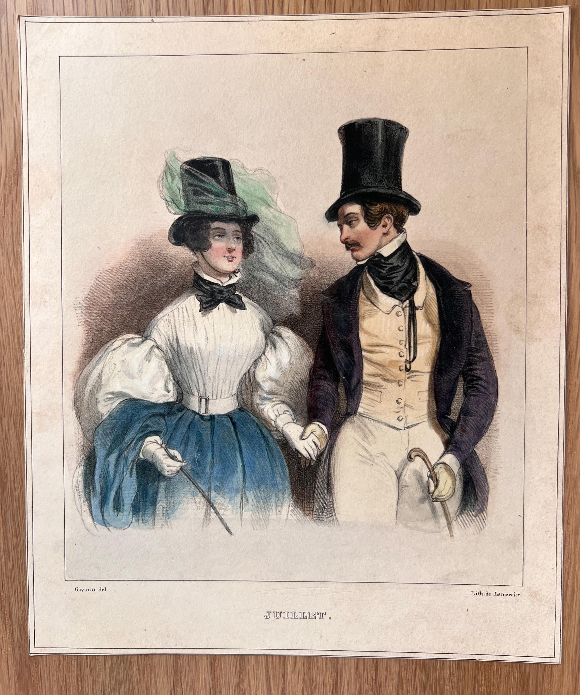 Elegant Antique Lithograph: July Elegance in Fashion