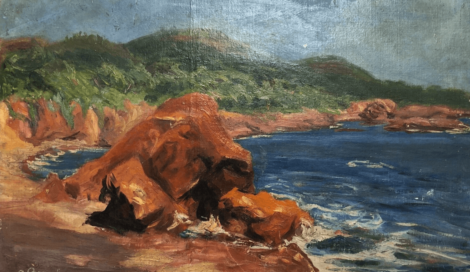 Antique Oil Painting Seascape Landscape Maritime View, Rocks signed
