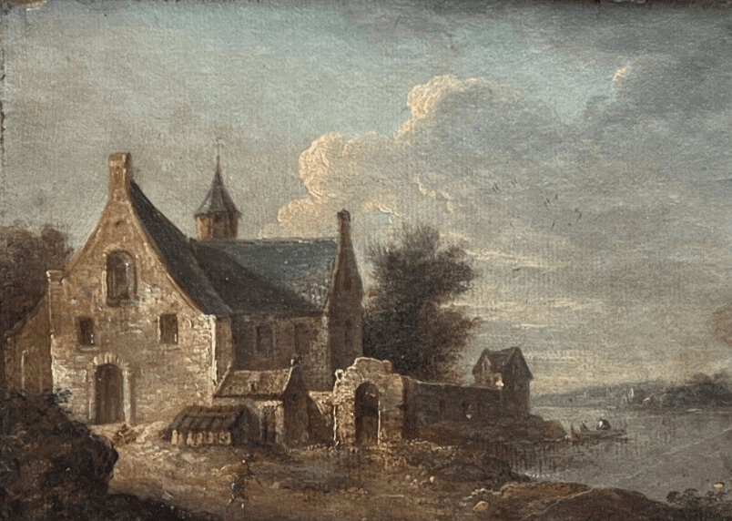 Antique Painting Original Landscape, River, House, People, Trees 18th century