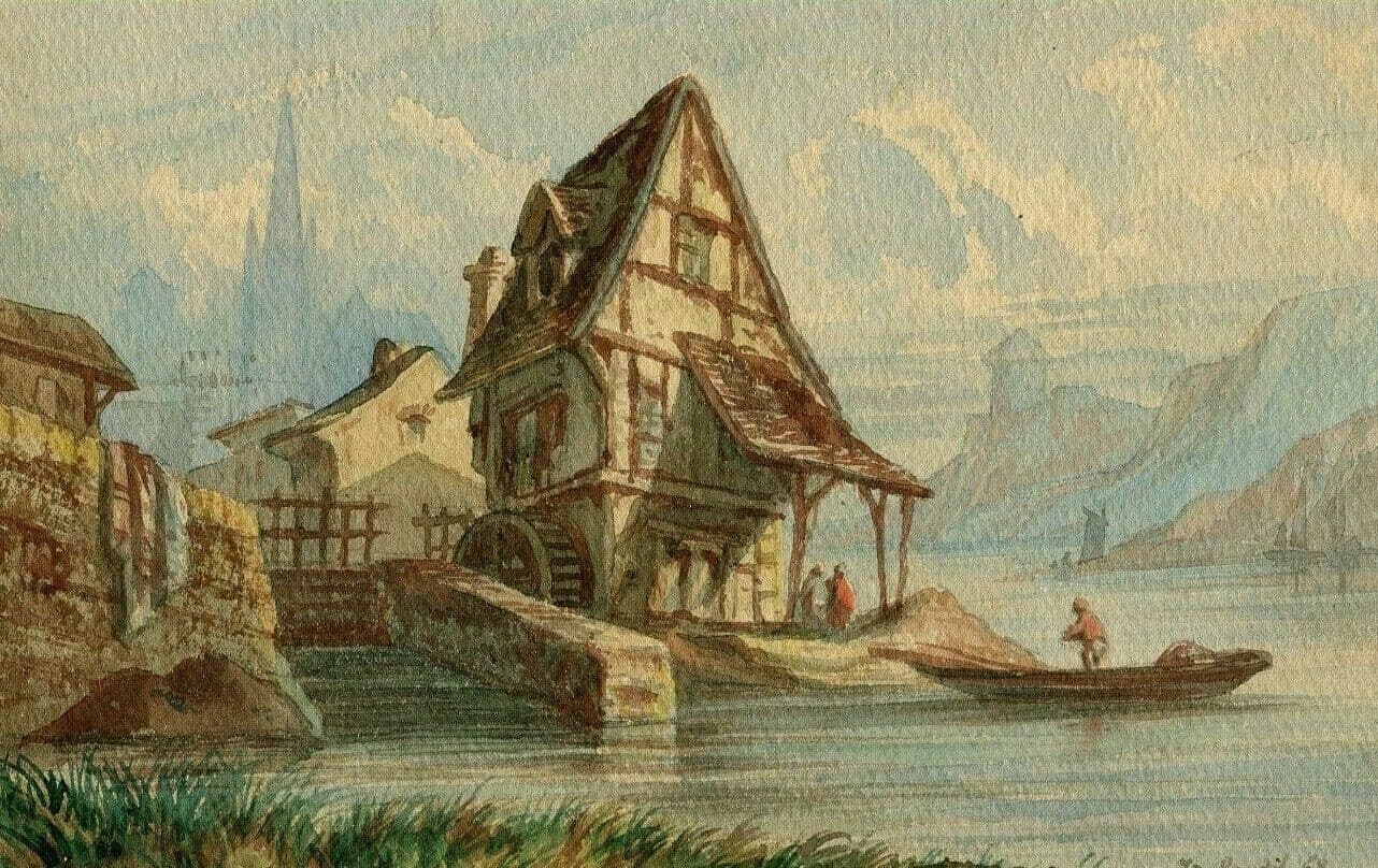 Drawing Mill Landscape, Mountain, Swiss 1868 image 1