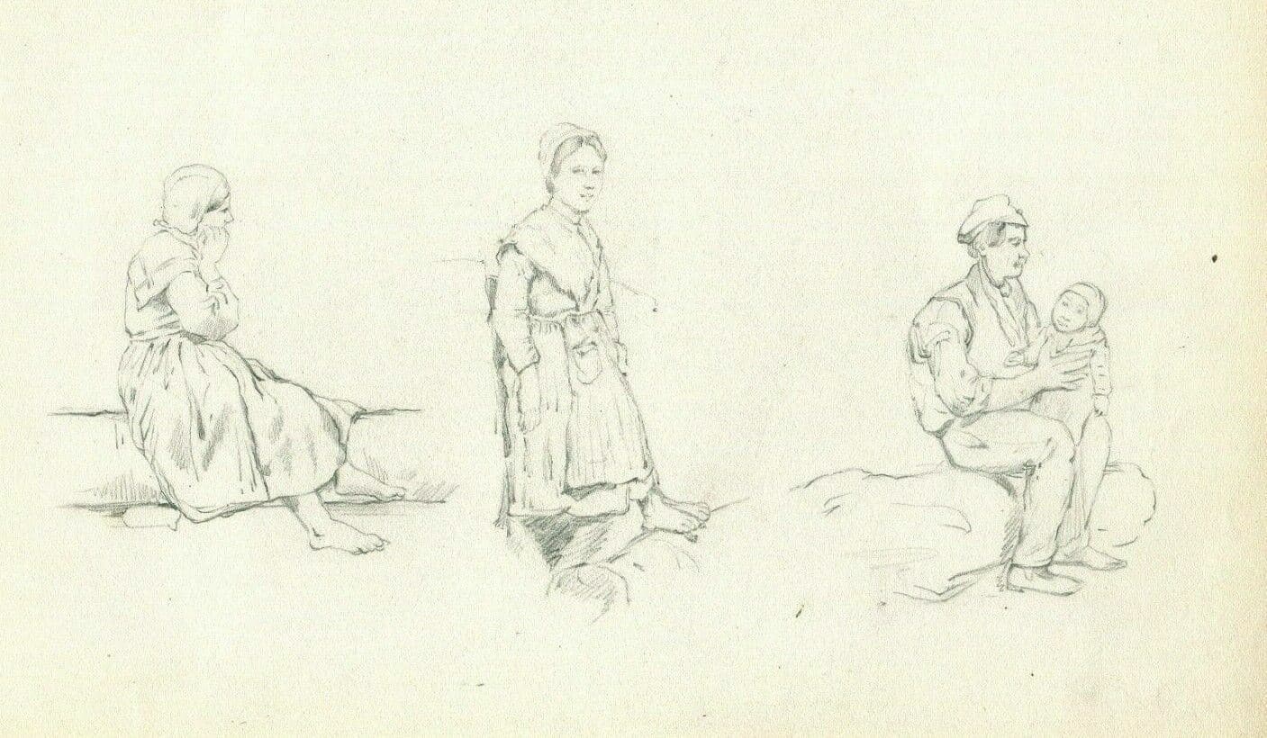 Vintage Old Pencil Drawing of Figures, Peasant and Baby