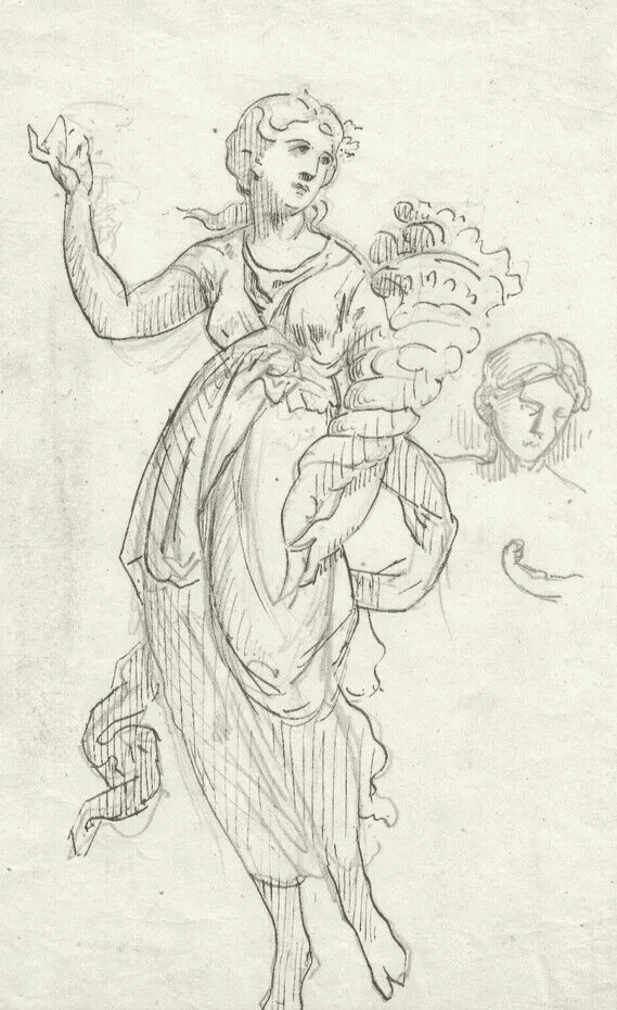 Antique Ink Original Drawing 19th century Woman Sculpture Goddess Ceres