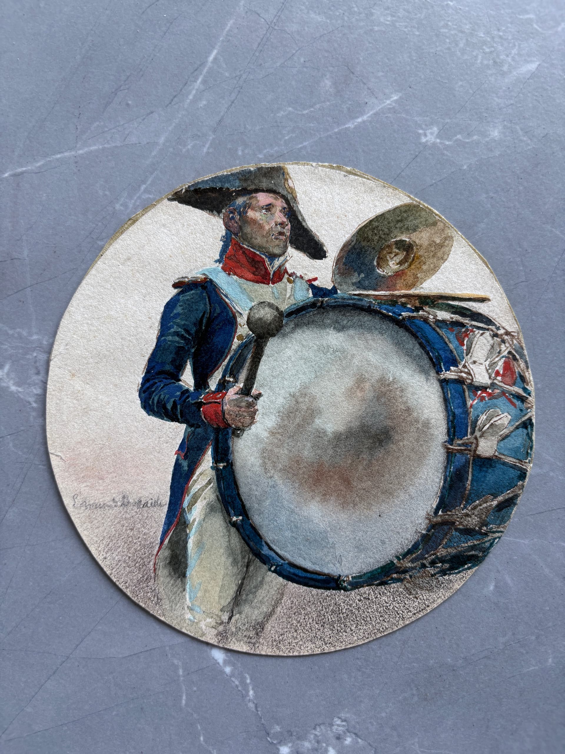 Antique Watercolor Old Painting signed Military Man with Tambour