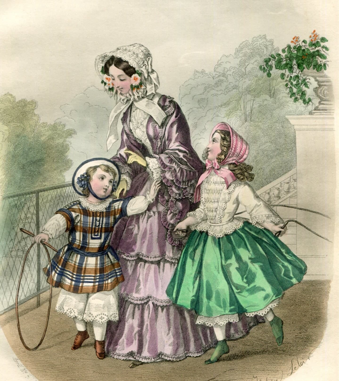Antique Lithography 1860s Women & Children Fashion Print - Vintage Victorian Art