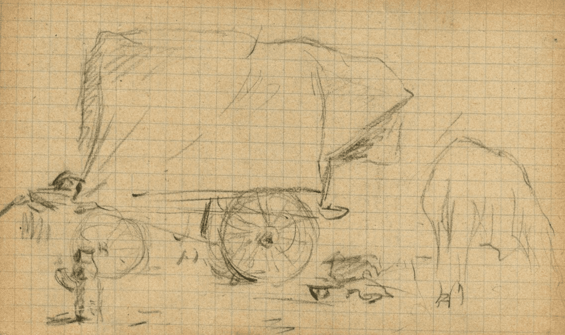Vintage Pencil Original Drawing Caravan, Plow Sketch, Life Scene