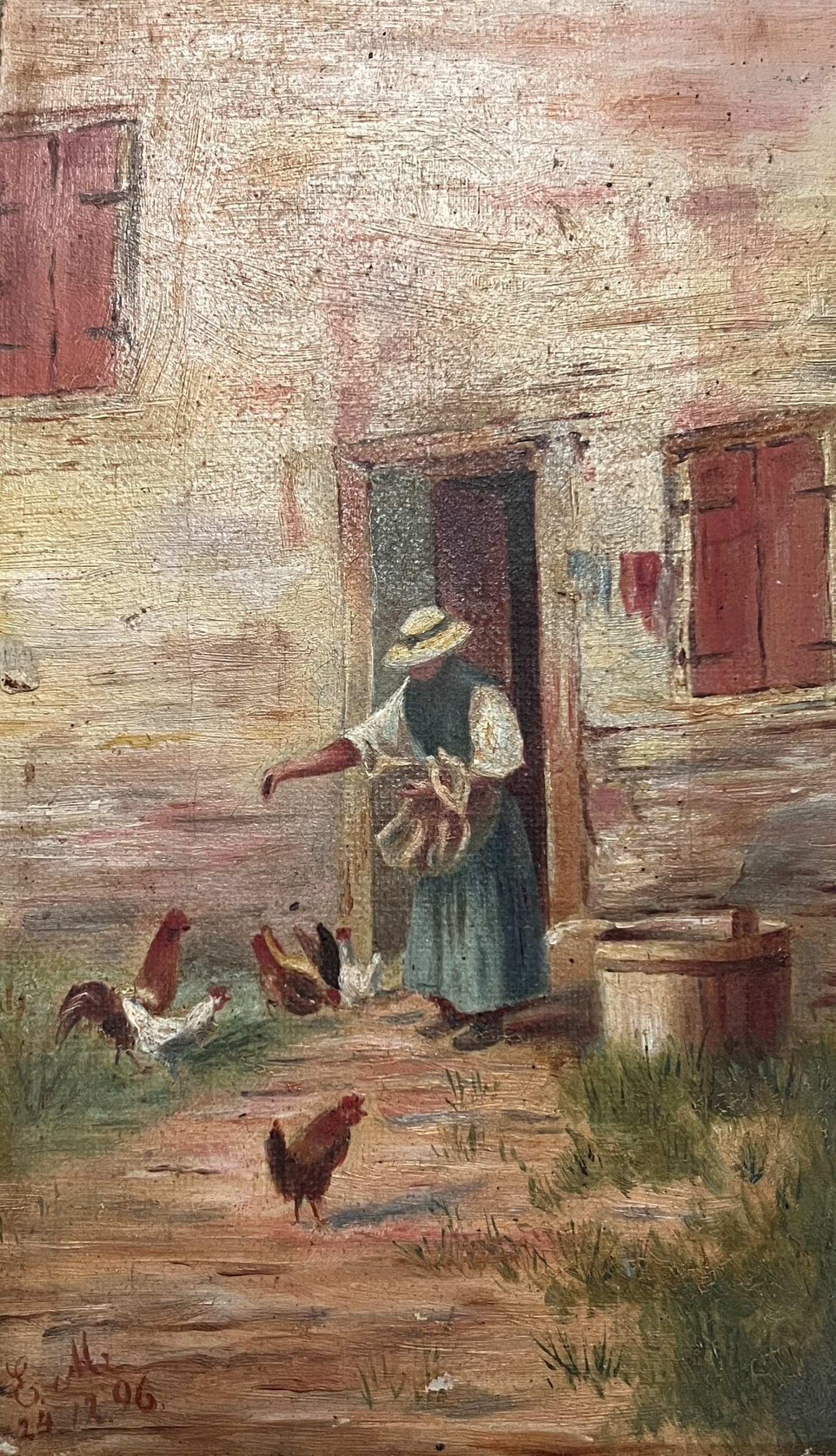 Painting Farming Woman Giving Food to Chicken 1896