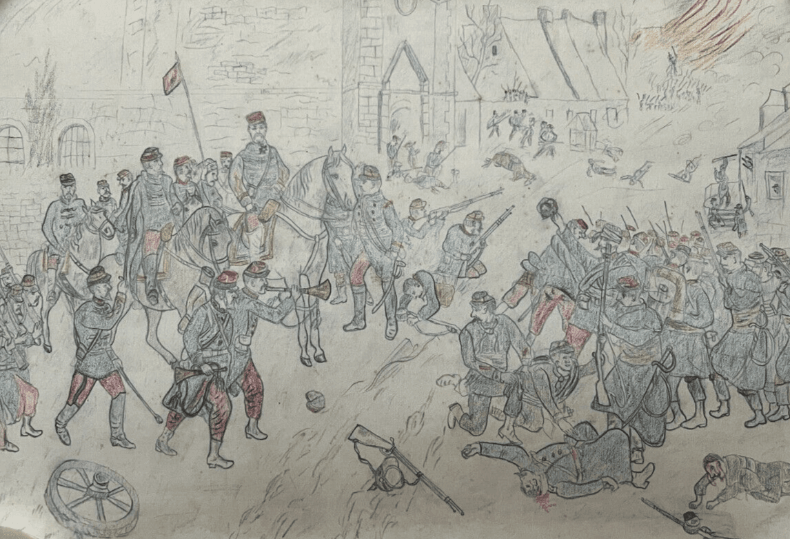 Antique Original Drawing Men, Military, People, War, Riffle