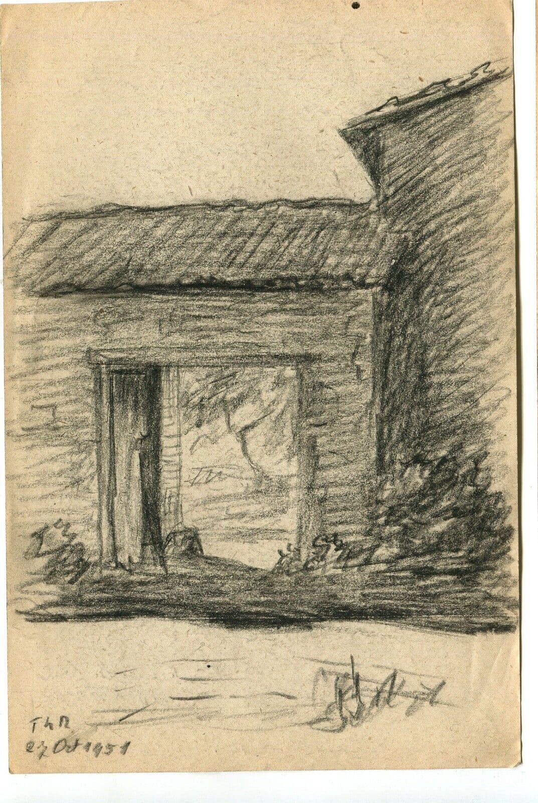 Vintage Pencil Drawing Original signed Entrance to a Farm 1951 image 2