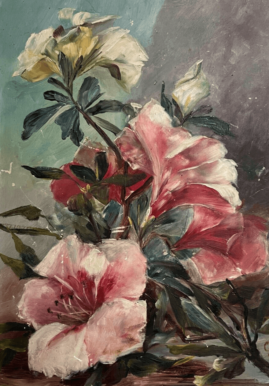 Antique Painting Flowers Bouquet Oil Pink Flower Bouquet Signed Floral