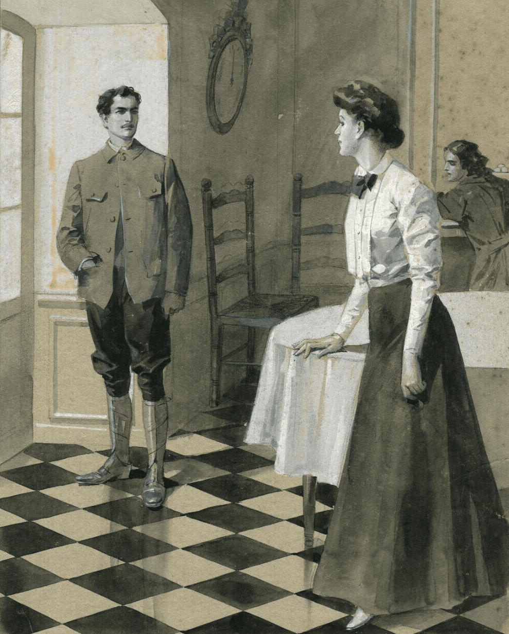 Antique Drawing Original Woman, Man, Portrait, Life Scene, Couple, Illustration
