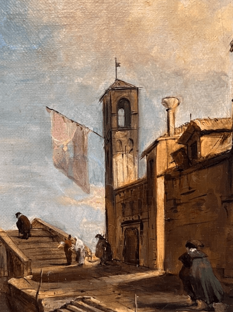 Antique Painting Original Cityview, Venice, Bridge Vecchio, People after Guardi image 5