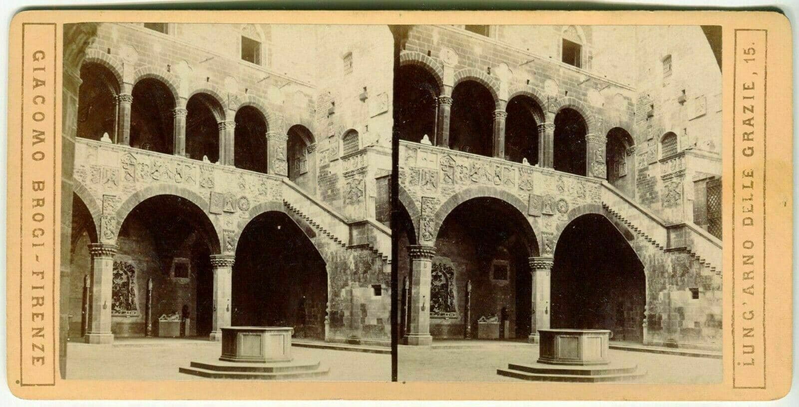 Vintage Stereo Giacomo BROGI Florence Cortile del Palazzo del Podesta c. 1870