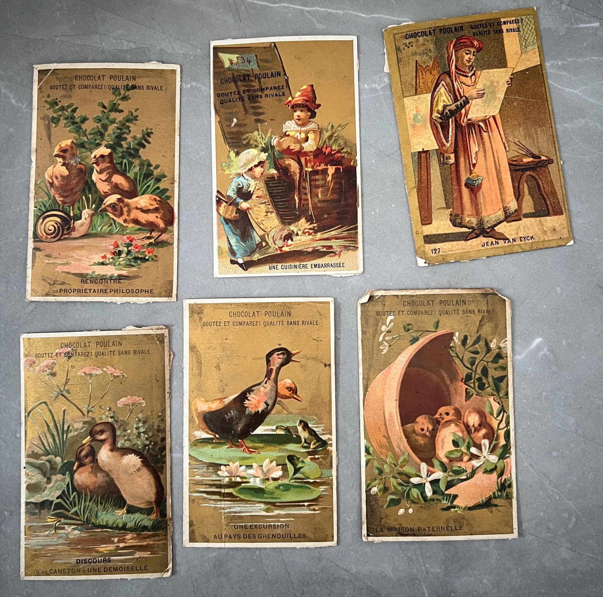 Set of 6 Vintage Chocolat Poulain Trade Cards - Charming French Ephemera
