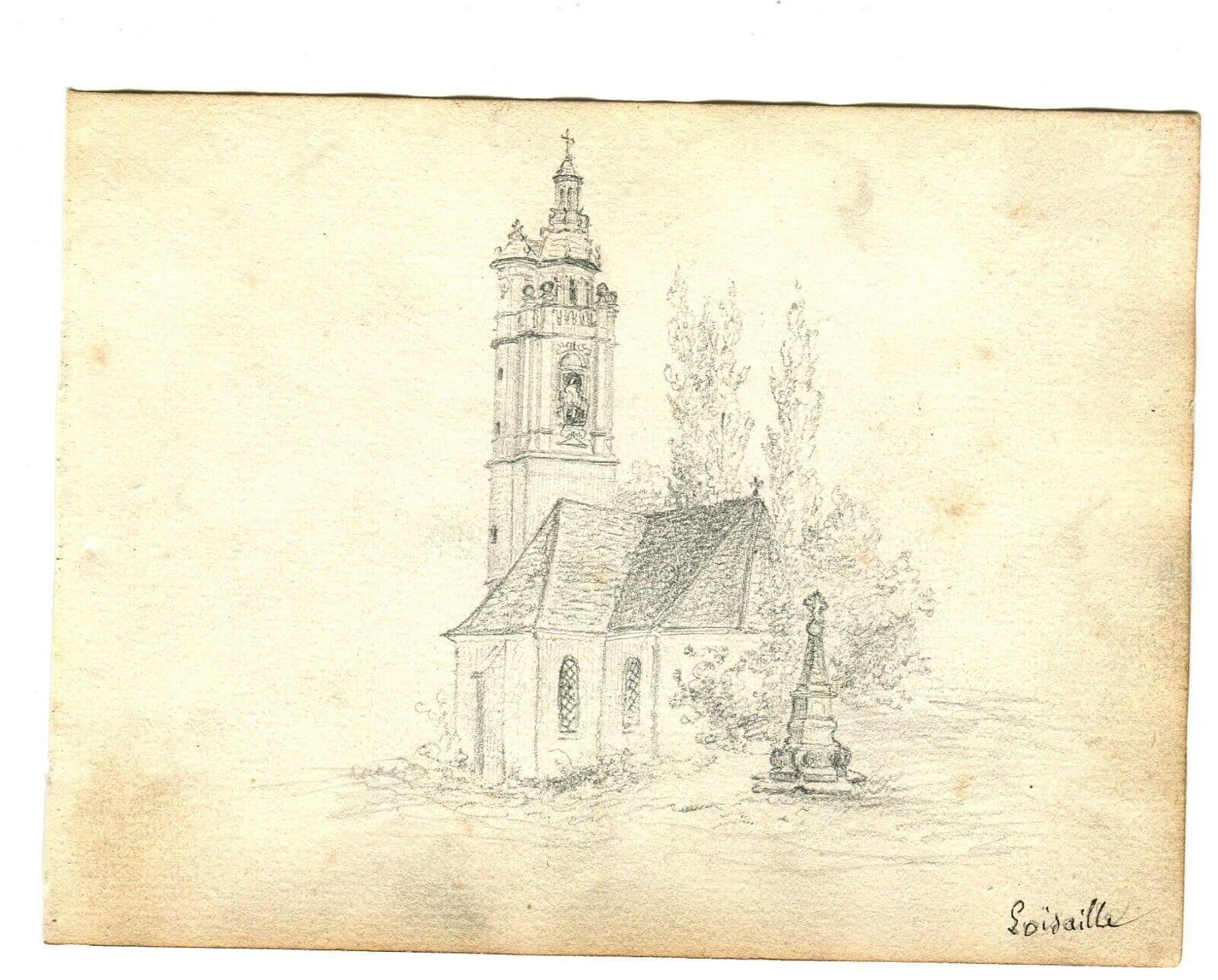 Antique Pencil Original Drawing 19th century Loisail, Parish Church Landscape image 4