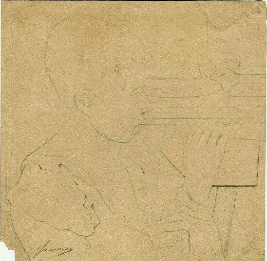 Antique Pencil Original Drawing 19th century Portrait Young Boy