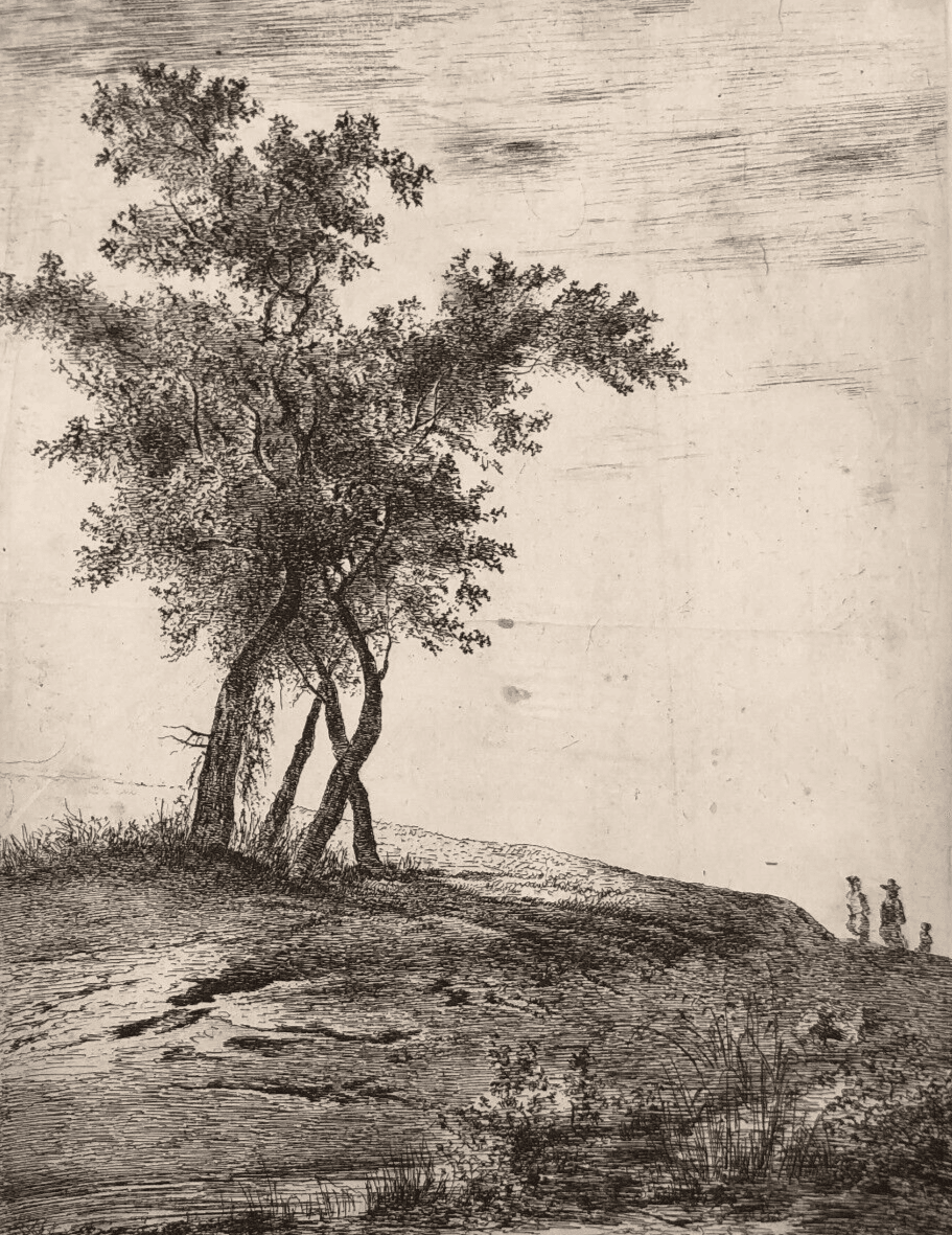 Antique Etching Original Landscape, Tree, People