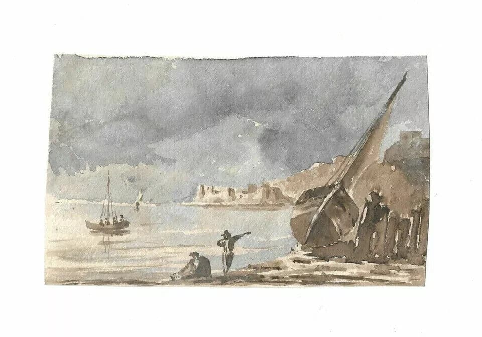 Antique Ink Drawing 19th century Seaview Landscape with Figures image 5