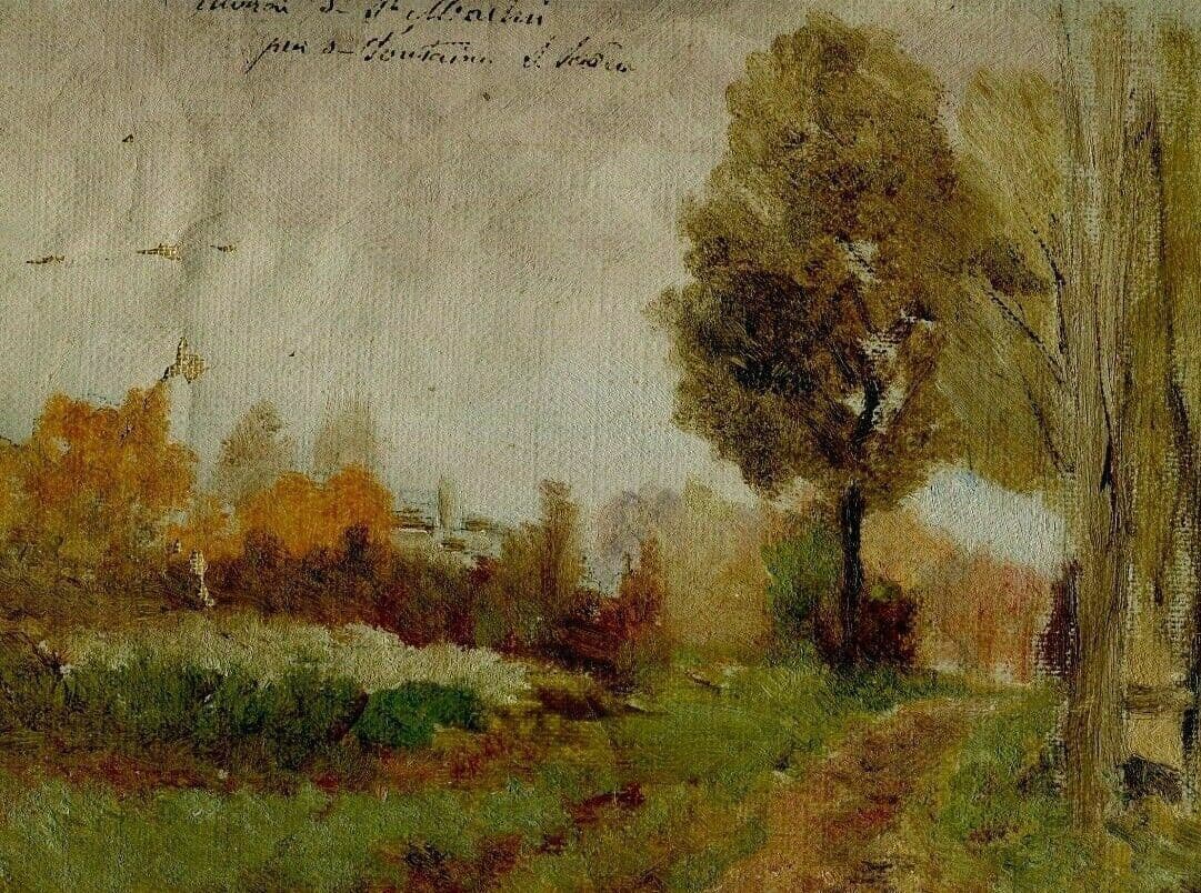 Antique Oil Original Painting Landscape Fountain s/Saône, Moutrin? French