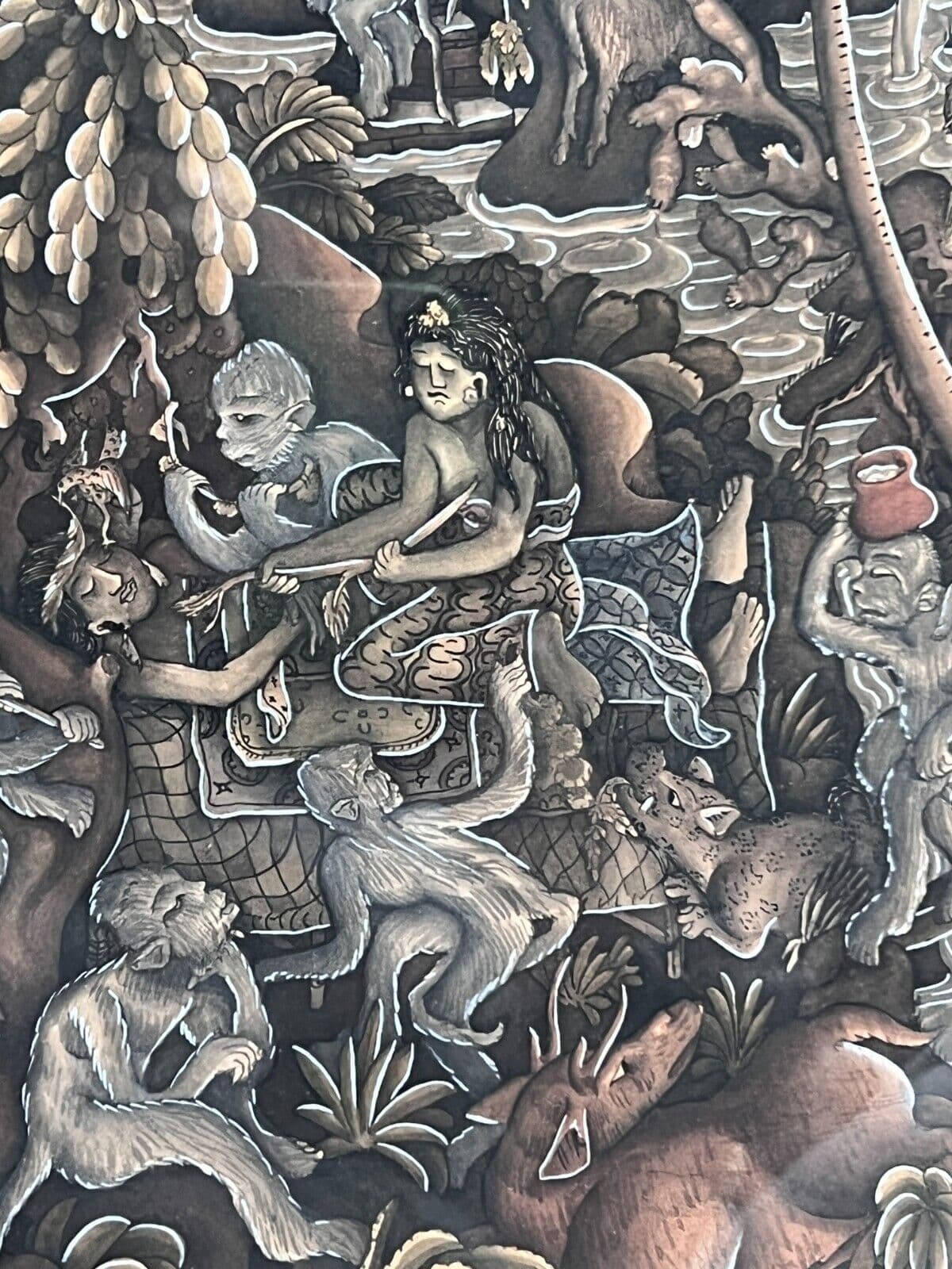 Vintage Oil Original Painting Indonesian Life, Landscape, People, Monkeys